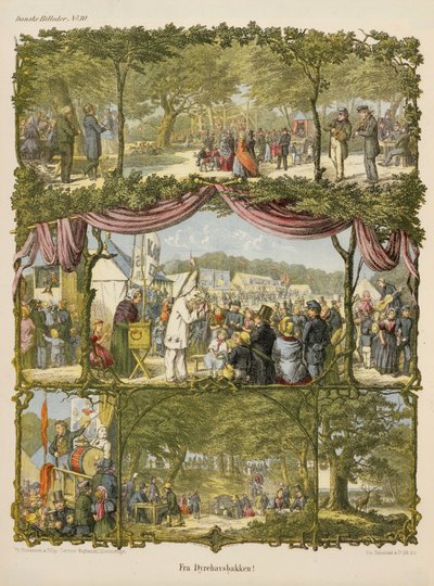 Scene from a Danish county fair, Fra Dyrehavsbakken, from a broadsheet published by Michaelsen & Tillage, 1850 by Hans Christian Ley